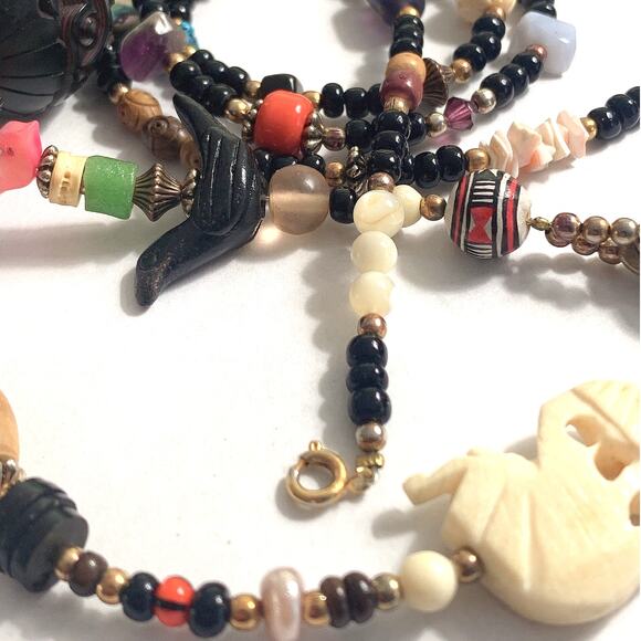 VTG Necklace Treasure Glass Carved Shell Gemstone Coral Trade Style Bead Heishi - Picture 14 of 14